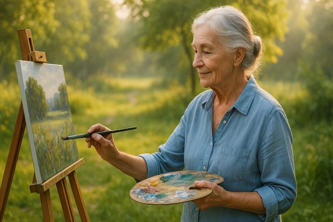 An elderly woman with silver hair paints peacefully on a canvas in a sunlit garden, surrounded by greenery and soft morning light. This serene image highlights outdoor painting as a creative hobby for retired women, promoting connection and emotional well-being in 2025.