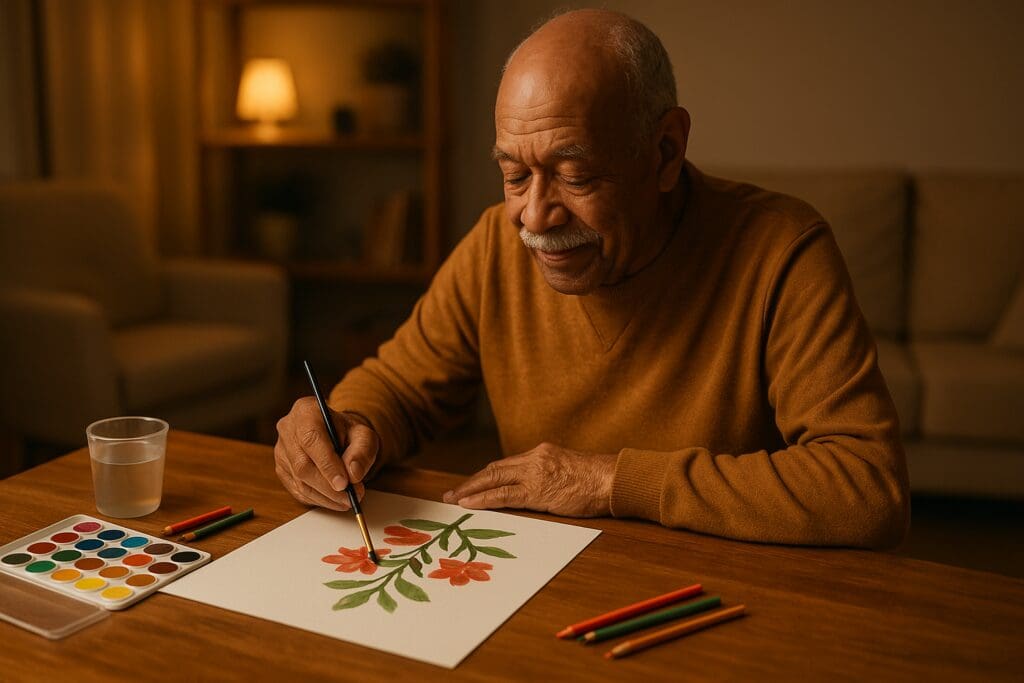 A photorealistic image of an elderly African American man painting floral art at a wooden table under warm indoor ambient lighting. The cozy setting and focused expression reflect the therapeutic and enriching nature of easy art activities for seniors in 2025.