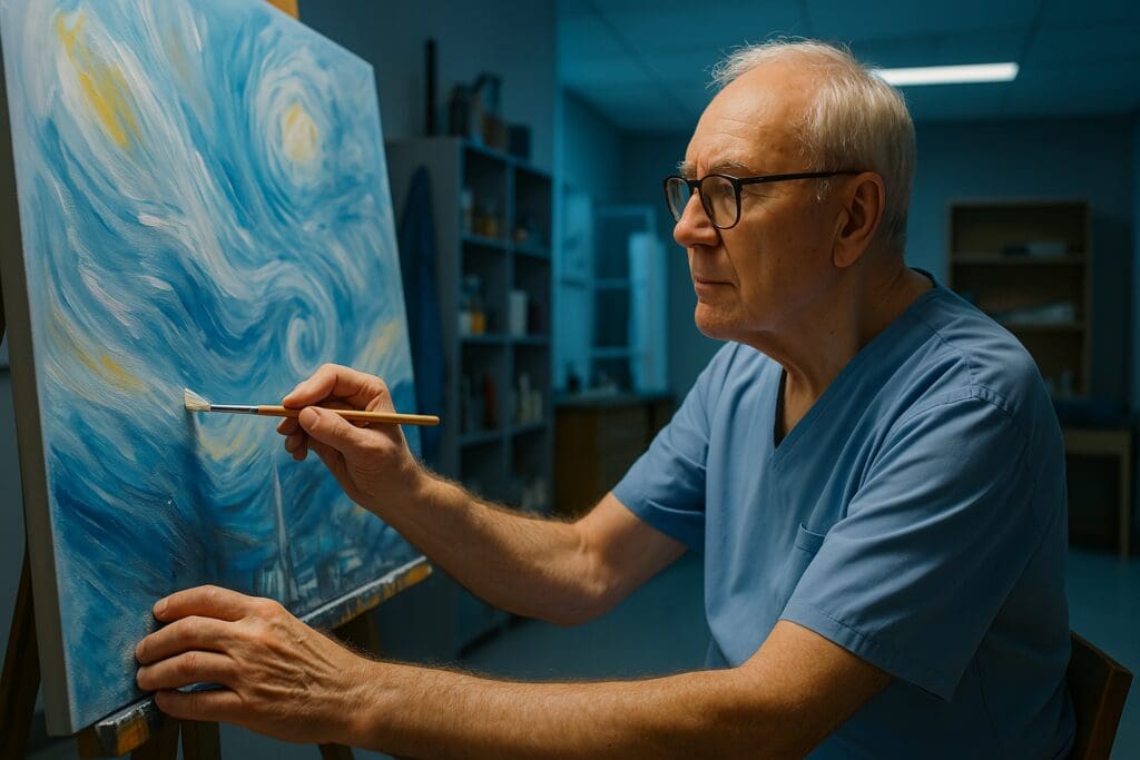 A photograph of an elderly Caucasian man in a modern art studio shows him deeply focused on painting swirling blue patterns onto a canvas under cool fluorescent lighting. His careful brushstrokes and concentrated expression highlight how painting can offer seniors a calming, mentally stimulating hobby in retirement.