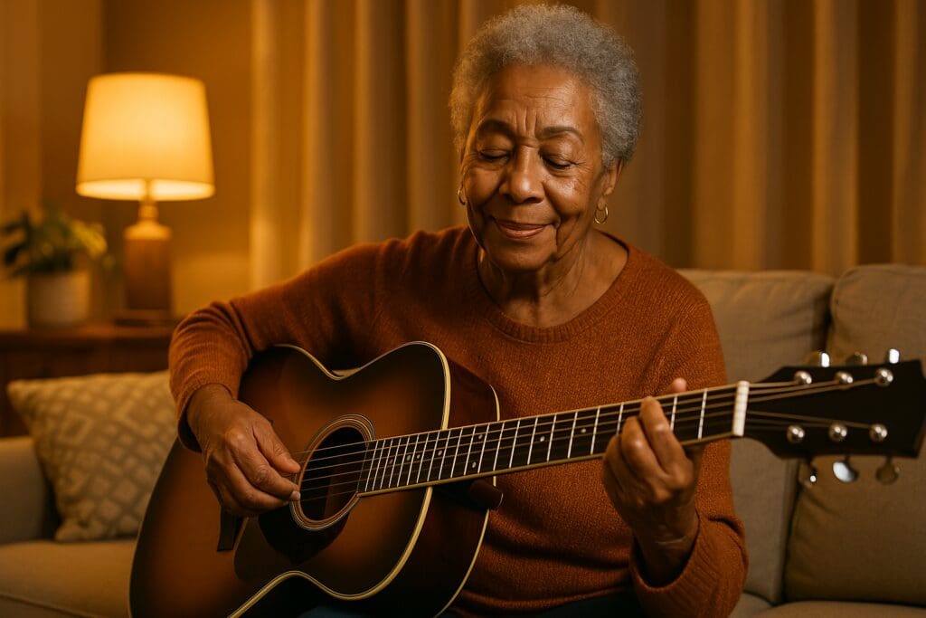 A photograph captures an elderly African American woman seated on a beige couch in a warmly lit living room, peacefully strumming a sunburst acoustic guitar. Her gentle smile and focused demeanor embody the joy of creative hobbies for seniors, making music a fulfilling way to stay mentally and emotionally active in retirement.
