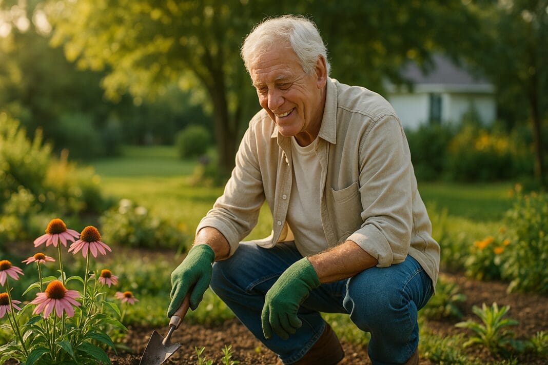 A photograph captures an older Caucasian man with silver hair kneeling in a lush garden, smiling warmly as he tends to blooming pink coneflowers in the soft natural morning light. The peaceful rural setting and his relaxed posture reflect a joyful retirement hobby, ideal for seniors staying active and connected to nature.