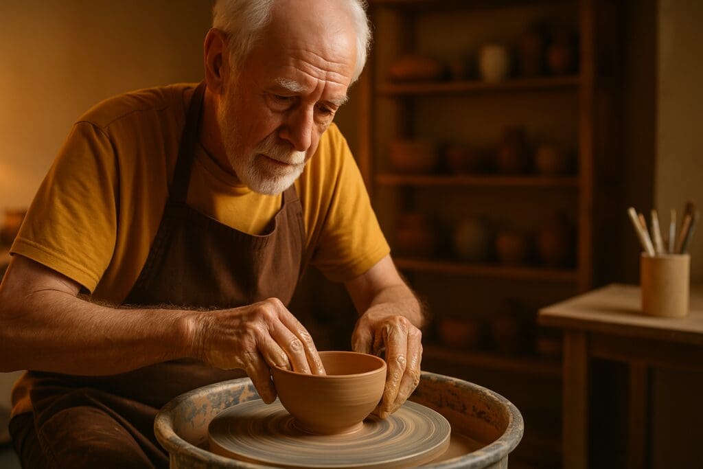 A photograph features an elderly Caucasian man with gray hair and a beard shaping a clay bowl on a pottery wheel, set in a cozy studio with warm indoor ambient lighting. The focused expression on his face and the handcrafted pottery around him reflect the enriching impact of hands-on creative activities for older adults in 2025.



