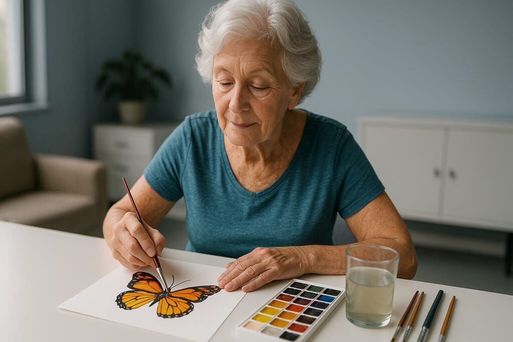 A photograph captures an elderly woman with short white hair painting a vibrant orange butterfly using watercolors in a softly lit room with cool clinical lighting. The tranquil indoor setting and her focused demeanor illustrate the calming and cognitively stimulating benefits of senior art activities in 2025.




