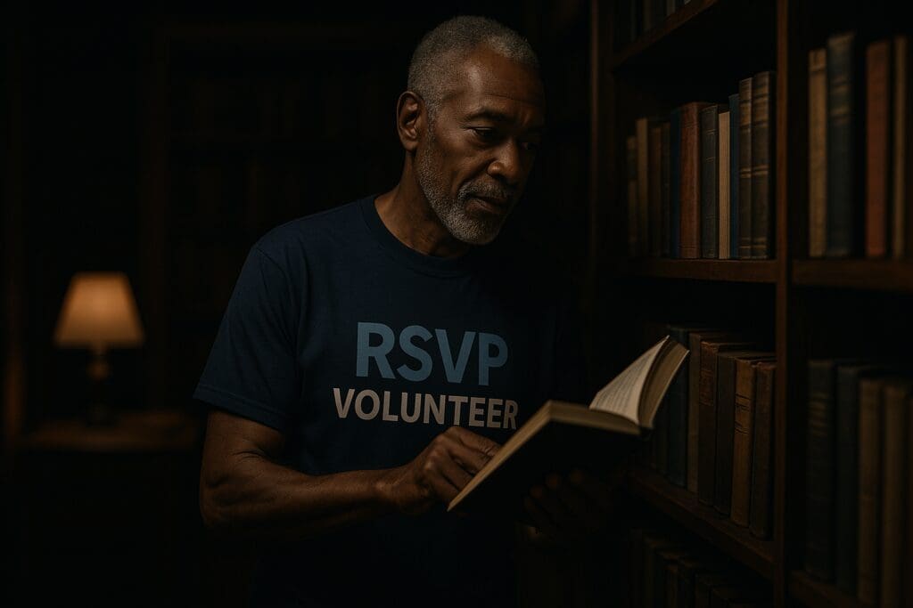 A photograph of an older African American man volunteering in a dimly lit library, wearing a navy RSVP VOLUNTEER shirt and shelving a book under moody, warm lighting. His focused expression and the dramatic shadowed backdrop convey a deep sense of purpose and intellectual engagement through senior volunteerism.