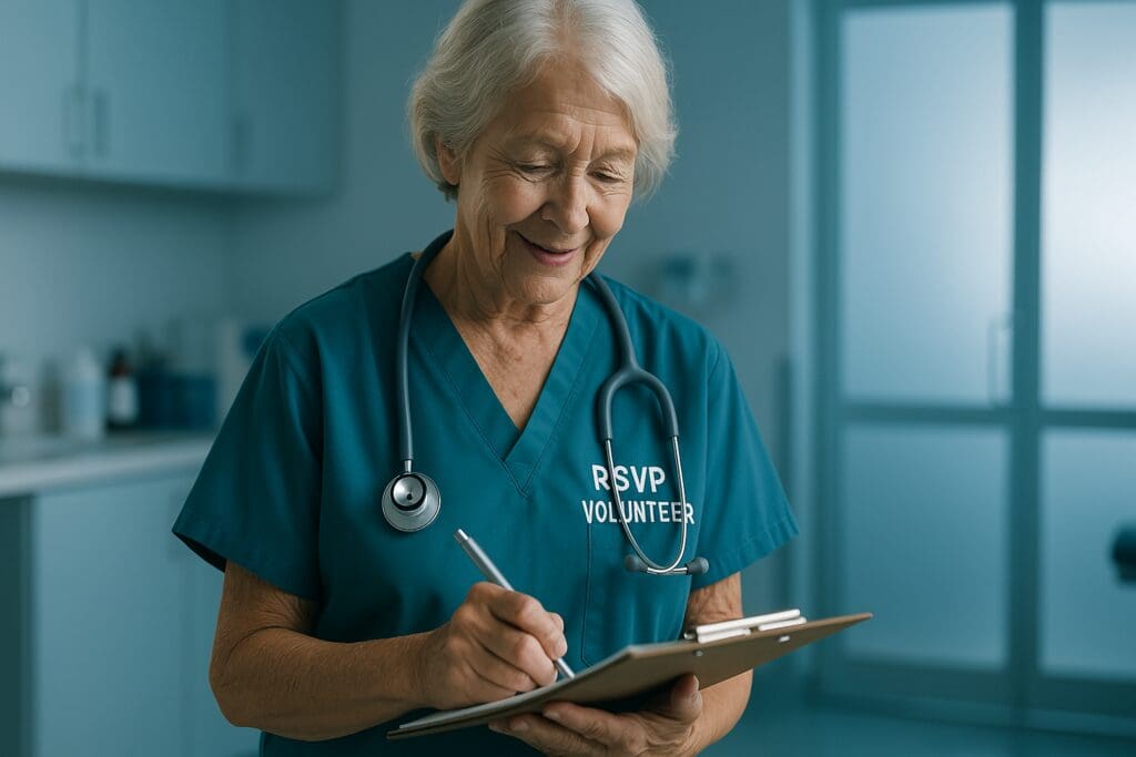 A photograph shows an elderly Caucasian woman with white hair volunteering at a healthcare clinic, wearing teal RSVP VOLUNTEER scrubs and writing on a clipboard with focused intent. The clinical setting features cool, soft lighting and frosted glass, emphasizing her contribution to purposeful senior service in a professional healthcare environment.