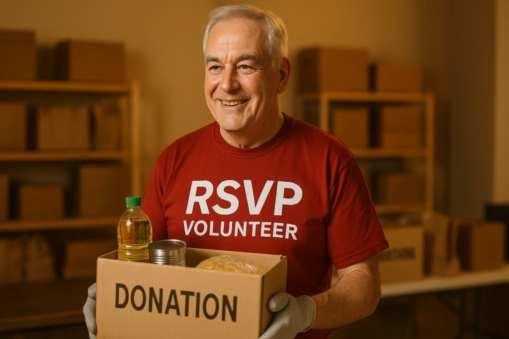 A photograph captures an older Caucasian man volunteering at a food bank, holding a donation box labeled “DONATION” with canned goods and a bottle of oil, smiling warmly in a warmly lit indoor setting. The clean, organized environment and his red RSVP VOLUNTEER T-shirt highlight the empowering role of senior service in building community purpose.
