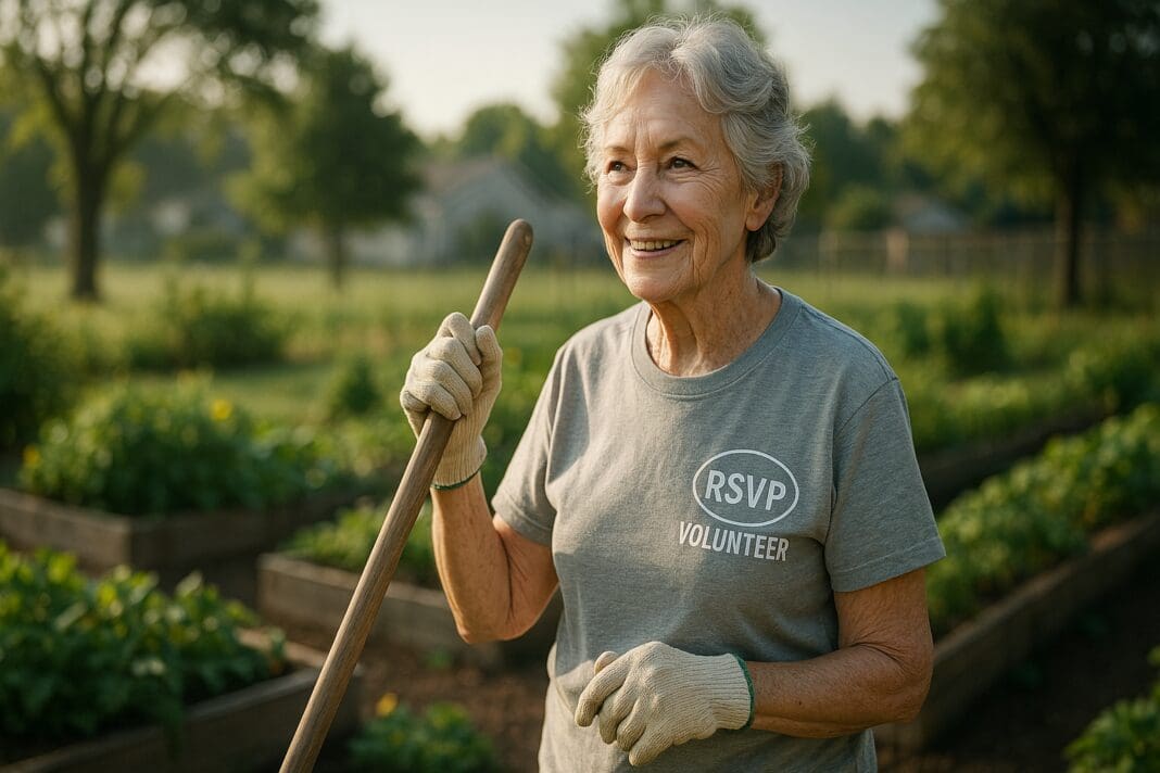 A photograph captures an elderly Caucasian woman volunteering in a community garden during early morning hours, surrounded by lush green plants and raised garden beds. She wears an RSVP Volunteer T-shirt and gardening gloves, smiling warmly as soft natural sunlight filters through the trees, highlighting the peaceful and purposeful mood.