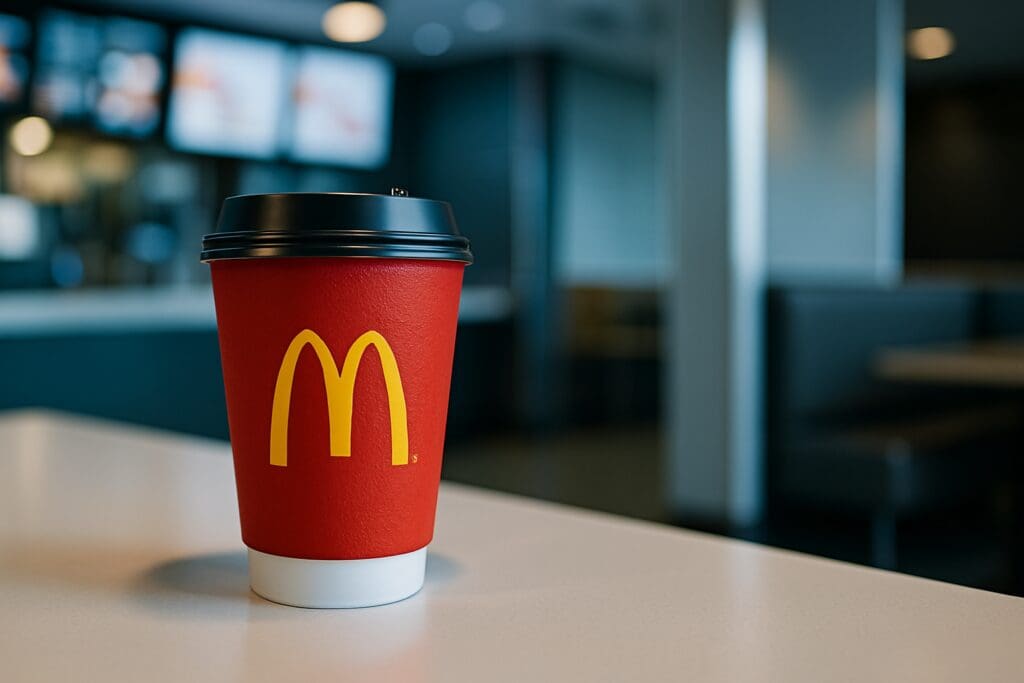 A red McDonald’s coffee cup featuring the iconic yellow arches sits on a white table inside a modern restaurant, illuminated by cool clinical lighting. This image symbolizes the free coffee available through senior discounts at McDonald’s in 2025, with a sleek, minimalist composition emphasizing clean design and clarity.

