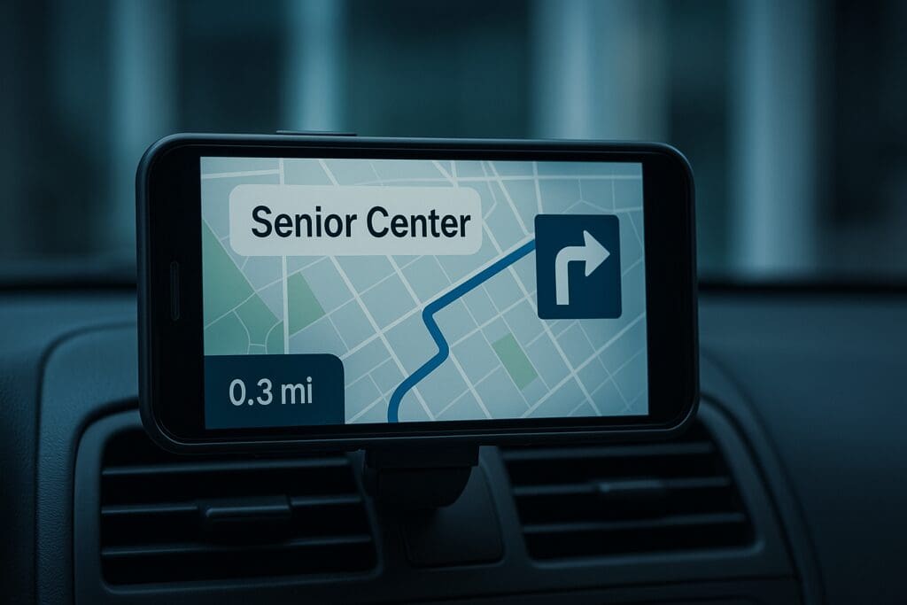 A close-up view of a smartphone mounted on a car dashboard shows a GPS map directing to a nearby Senior Center, illuminated with cool clinical lighting. The modern, digital navigation emphasizes the ease of finding elderly community centers in 2025 for wellness and recreation.
