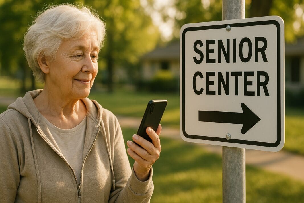 A senior woman with light skin and short white hair smiles while standing outdoors in soft natural morning light, holding a smartphone and facing a sign labeled 