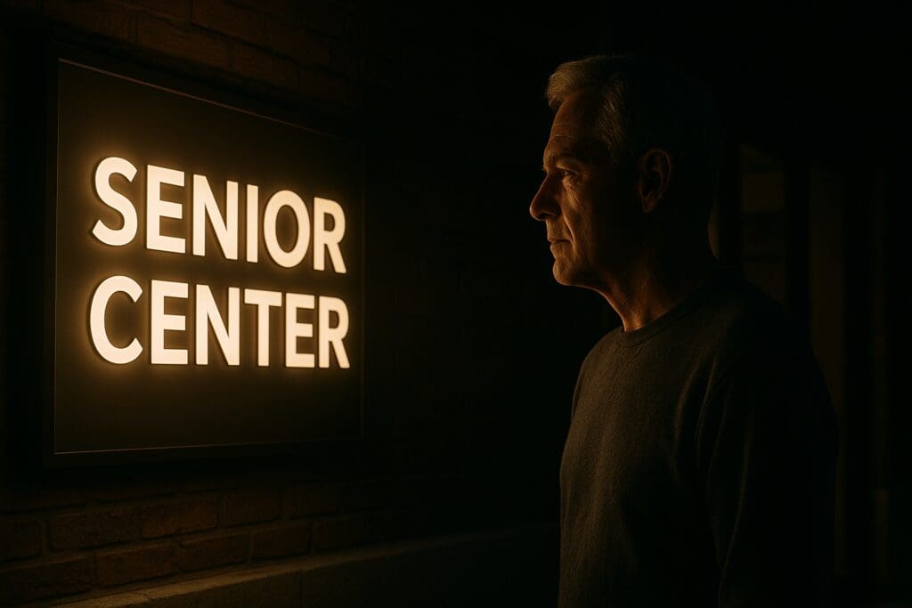 A middle-aged man with silver hair stands in dramatic moody lighting, gazing thoughtfully at a glowing "Senior Center" sign on a brick wall at night. The image reflects introspection and highlights the importance of accessible senior community spaces in 2025.