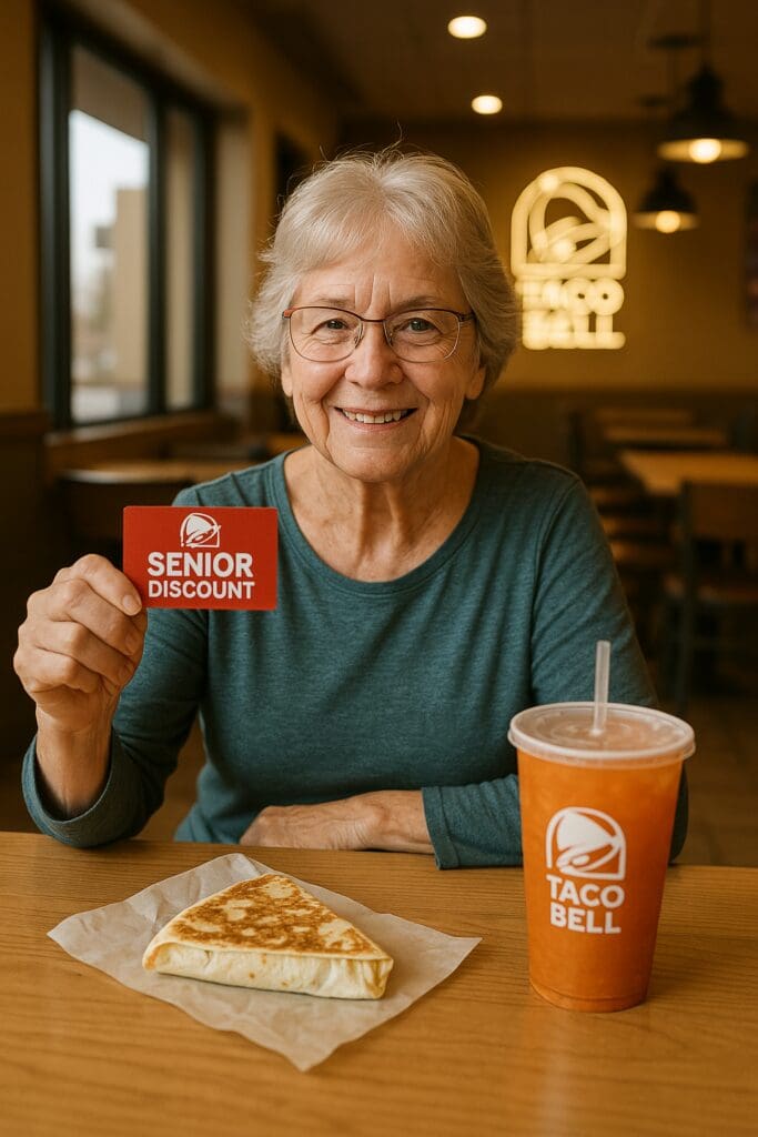 A digital photo features an older Caucasian woman with short gray hair seated indoors under warm ambient lighting, browsing a Taco Bell menu on her phone. The scene evokes a modern dining atmosphere, reflecting how senior discounts at Taco Bell make fast food more accessible for older adults today.

