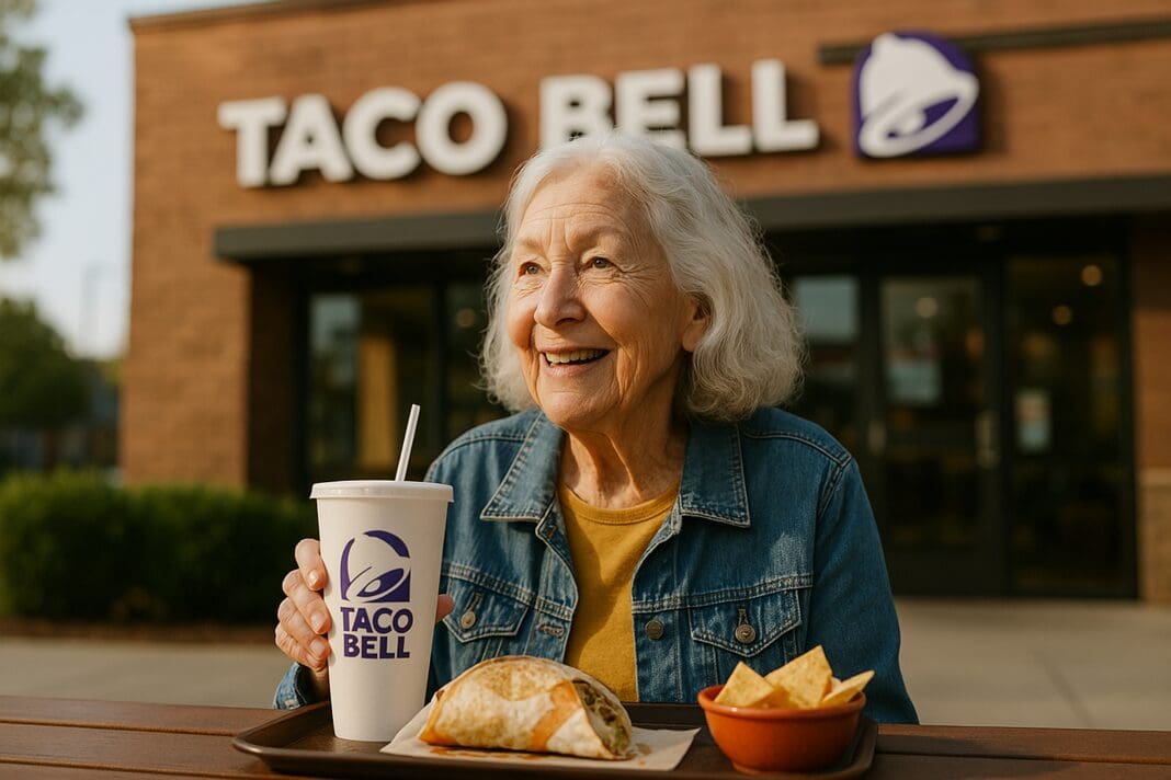 A photograph captures an elderly Caucasian woman with short white hair sitting at a Taco Bell restaurant table in soft morning light. She is smiling warmly while holding a taco, enjoying a relaxed dining experience that highlights the comfort and affordability of the Taco Bell senior discount in 2025.