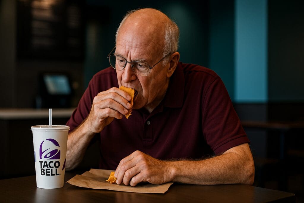 Inside a modern Taco Bell with cool blue lighting, an older man wearing glasses and a burgundy polo shirt is shown mid-bite as he eats a taco at a table, with a branded cup and food bag nearby. The image subtly conveys the concept of senior dining deals at Taco Bell in 2025 by focusing on a solo senior engaging in a quiet, affordable fast-food experience.


