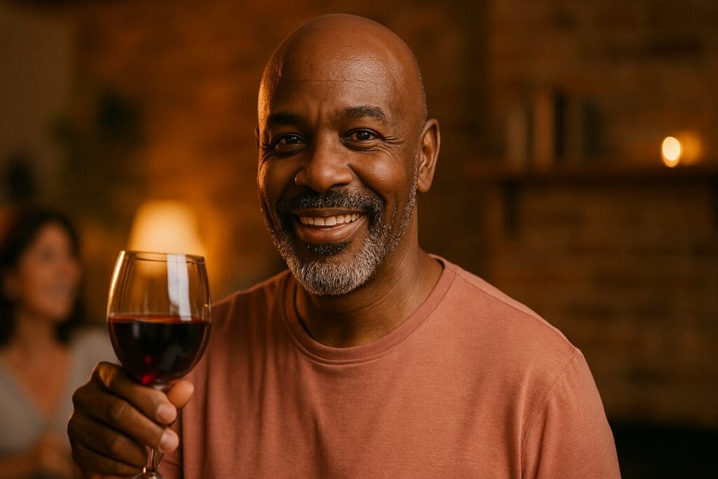 A joyful African-American man in his 50s holds a glass of red wine while standing in a warmly lit event space, featuring brick walls and soft string lights. His relaxed posture and smile highlight the inviting atmosphere of indoor singles mixers and local over 50 social gatherings.

