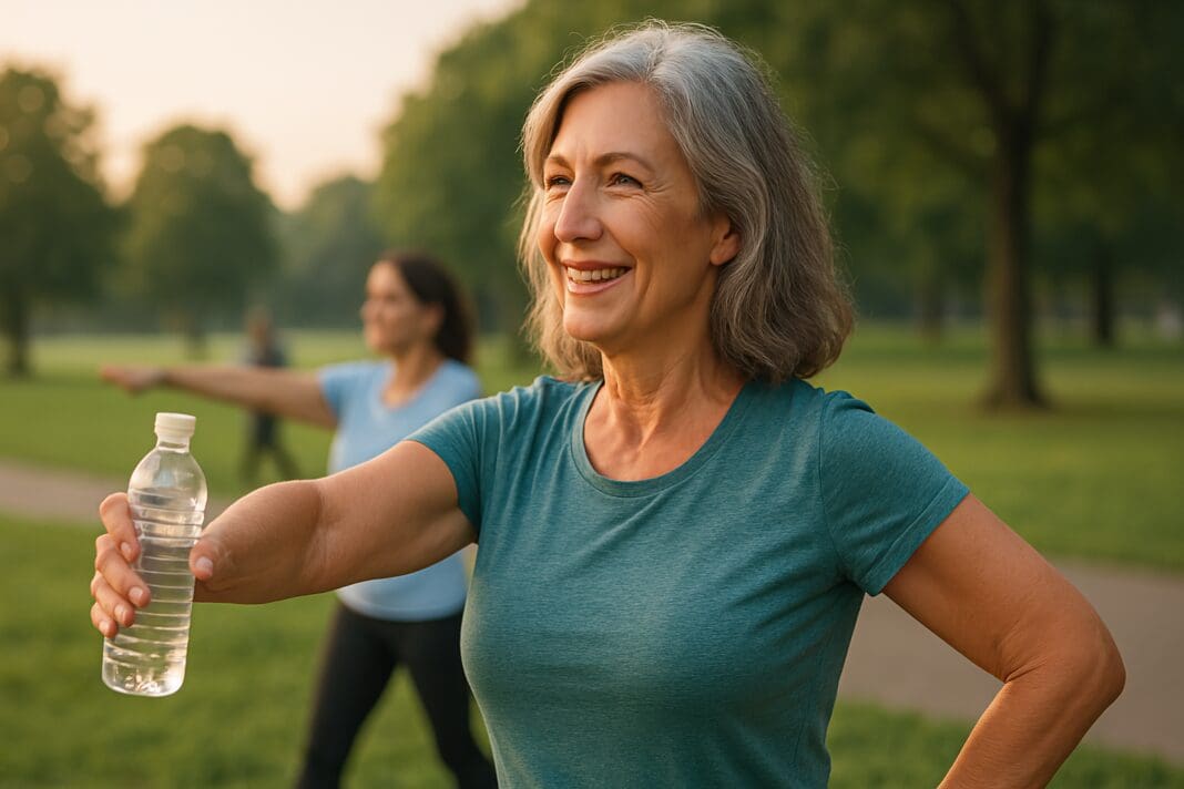 A fit middle-aged woman with silver-gray hair smiles as she participates in a morning group fitness class in a sunlit park, surrounded by blurred greenery. The soft natural light and outdoor setting reflect the rising popularity of health-focused social events for singles over 50 in 2025.