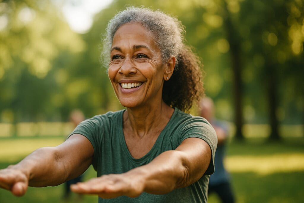A fit African American woman over 50 smiles warmly as she engages in an outdoor fitness activity, surrounded by trees and soft greenery under natural morning light. Her joyful expression and active stance highlight the benefits of local wellness-based social events for singles over 50 in 2025.







