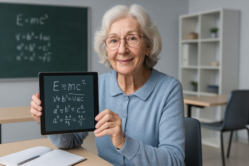 A photorealistic image of an elderly woman seated in a modern classroom, holding a tablet with scientific equations and smiling gently. The clinical, cool lighting and chalkboard backdrop highlight the theme of senior education, emphasizing accessible academic classes for older adults in 2025.