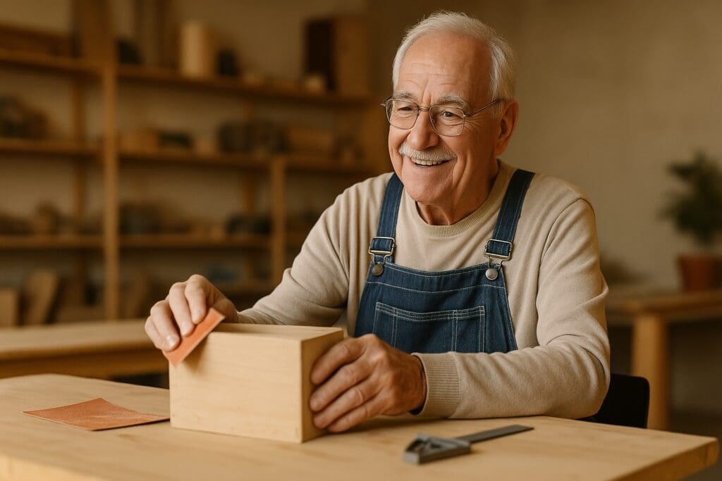 A photorealistic image of an elderly Caucasian man engaged in woodworking at a warmly lit home workshop, surrounded by tools and shelves. His concentration and peaceful demeanor reflect how senior hobby classes and creative learning opportunities can enrich retirement life.





