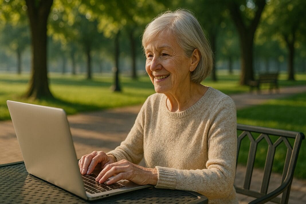 A photorealistic image of an elderly woman with silver hair using a laptop in a sunlit park, surrounded by morning greenery. Her focused expression and peaceful outdoor setting capture the theme of discovering free senior classes near you and enriching golden years through lifelong learning.