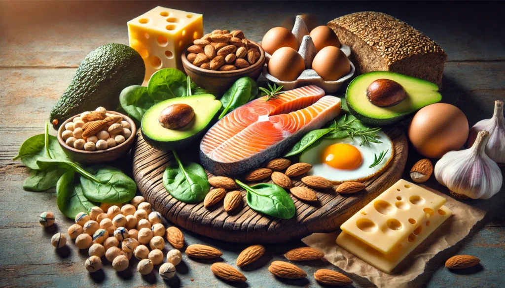 A visually stunning close-up of fresh vitamin B-rich foods spread across a rustic wooden cutting board, including salmon, eggs, almonds, avocados, chickpeas, spinach, whole grain bread, and cheese.