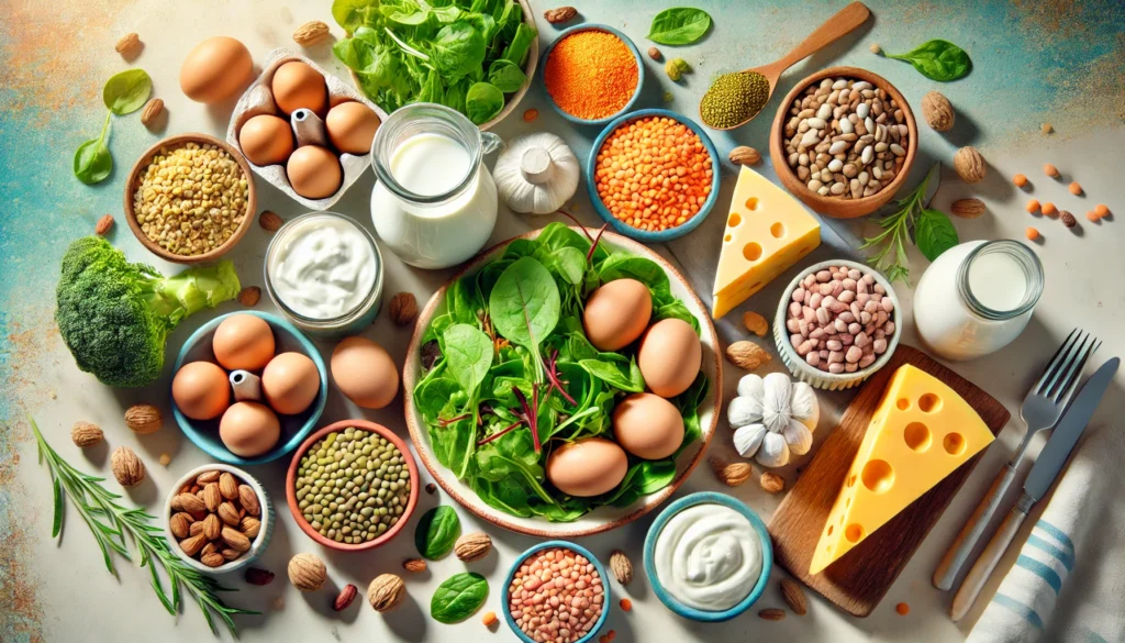 A colorful top-down view of various vitamin B-rich foods on a kitchen countertop, including eggs, yogurt, cheese, legumes, leafy greens, whole grains, and nuts.