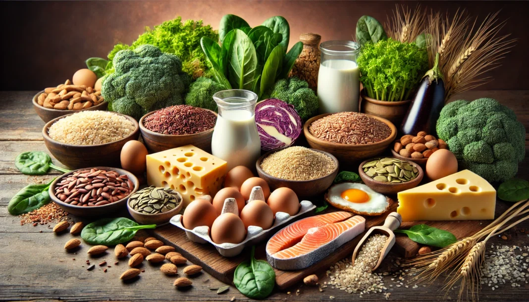 A vibrant assortment of vitamin B-rich foods displayed on a rustic wooden table, featuring whole grains, leafy greens, eggs, dairy products, nuts, seeds, and lean meats like salmon and chicken.
