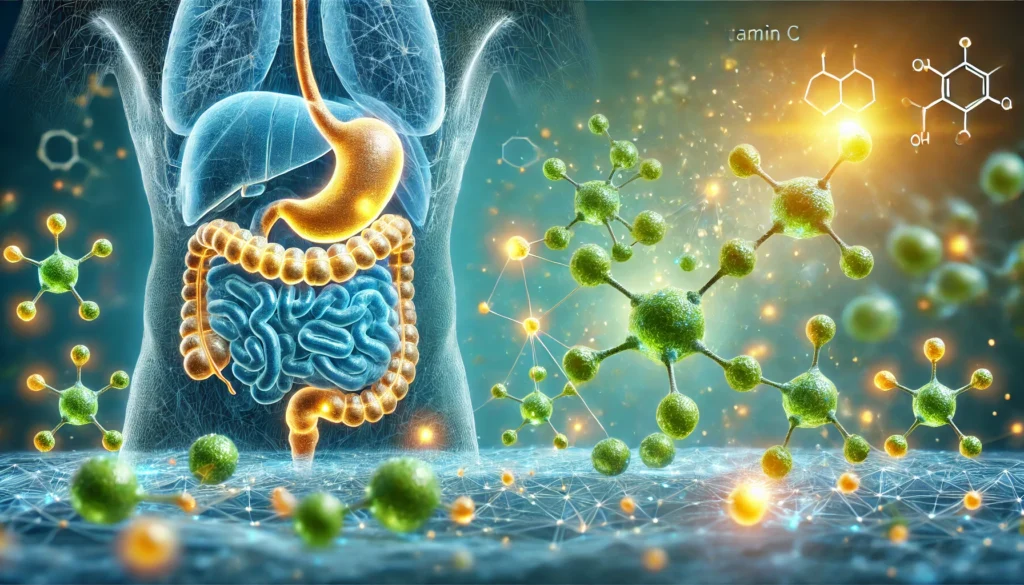 A detailed visualization of vitamin C absorption at the cellular level, represented by glowing molecular structures and a digestive system illustration. The image conveys a scientific yet visually appealing representation of how vitamin C is taken up by the body. Soft blue and green hues add to the clinical and informative theme.

