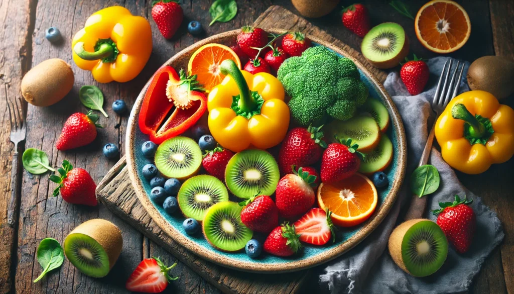 A beautifully arranged plate of vitamin C-rich foods, including bell peppers, kiwis, strawberries, and broccoli, all displayed on a rustic wooden table. The colors are bright and vivid, emphasizing the diversity of sources for vitamin C. The scene is naturally lit, enhancing the freshness and appeal of the ingredients.

