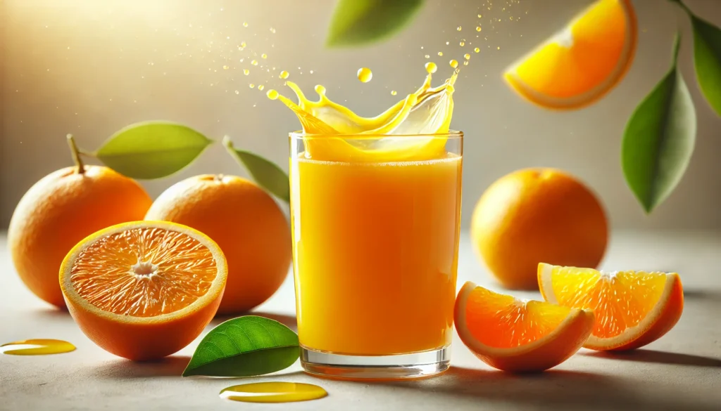 A close-up of a glass of freshly squeezed orange juice with a few drops splashing, symbolizing vitamin C absorption. Surrounding the glass are whole and halved oranges, along with a few green leaves for contrast. The background is softly blurred to create focus on the juice, enhancing its vibrant and refreshing appeal.

