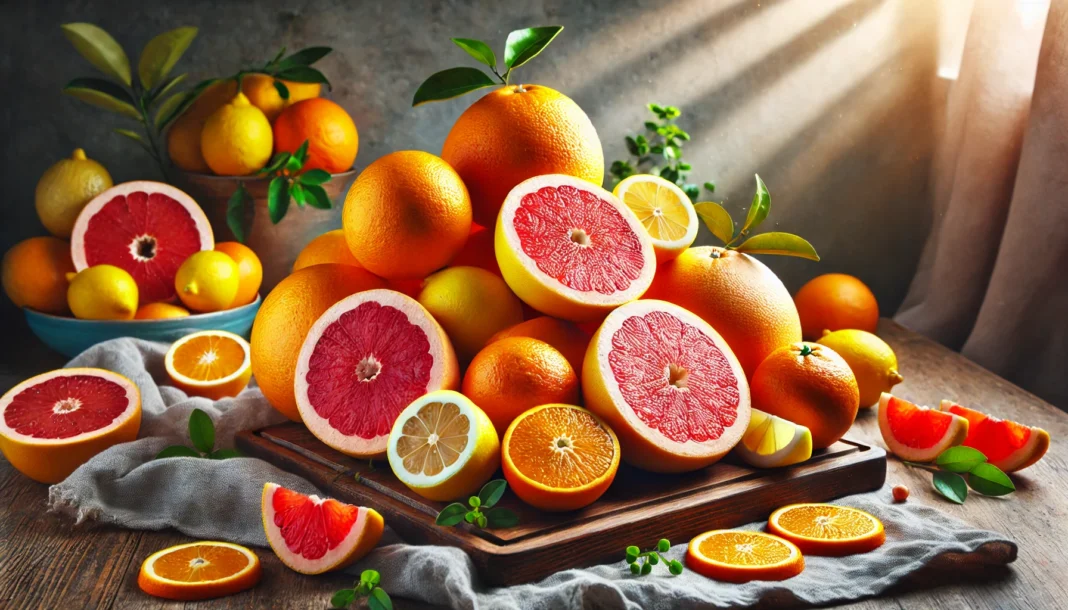 A vibrant display of citrus fruits such as oranges, lemons, and grapefruits arranged on a wooden cutting board, highlighting their natural freshness and vitamin C-rich content. The fruits are sliced and whole, showcasing their juicy interiors. Soft natural lighting enhances the scene, emphasizing the health benefits of citrus fruits.