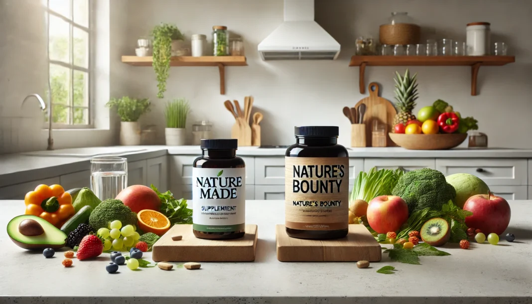 A side-by-side comparison of two supplement bottles on a modern kitchen counter, surrounded by fresh fruits and vegetables, symbolizing health and wellness choices.