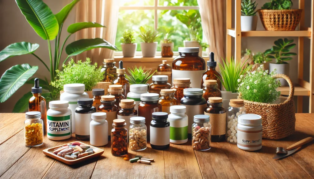  A collection of various vitamin and supplement bottles arranged on a wooden table with lush green plants in the background, emphasizing natural health and nutrition.