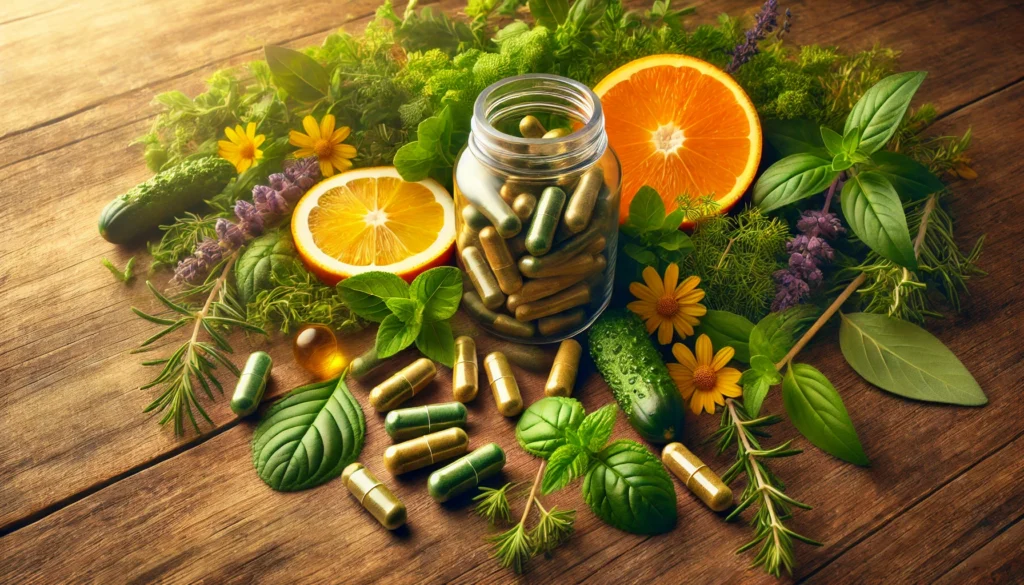 An open supplement bottle with capsules spilling onto a wooden surface, surrounded by fresh herbs, citrus slices, and leafy greens, showcasing natural ingredients and holistic wellness.