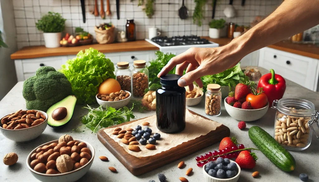 A person’s hand reaching for a supplement bottle among a spread of nuts, berries, and leafy greens on a kitchen counter, representing an informed approach to choosing the right health supplements.