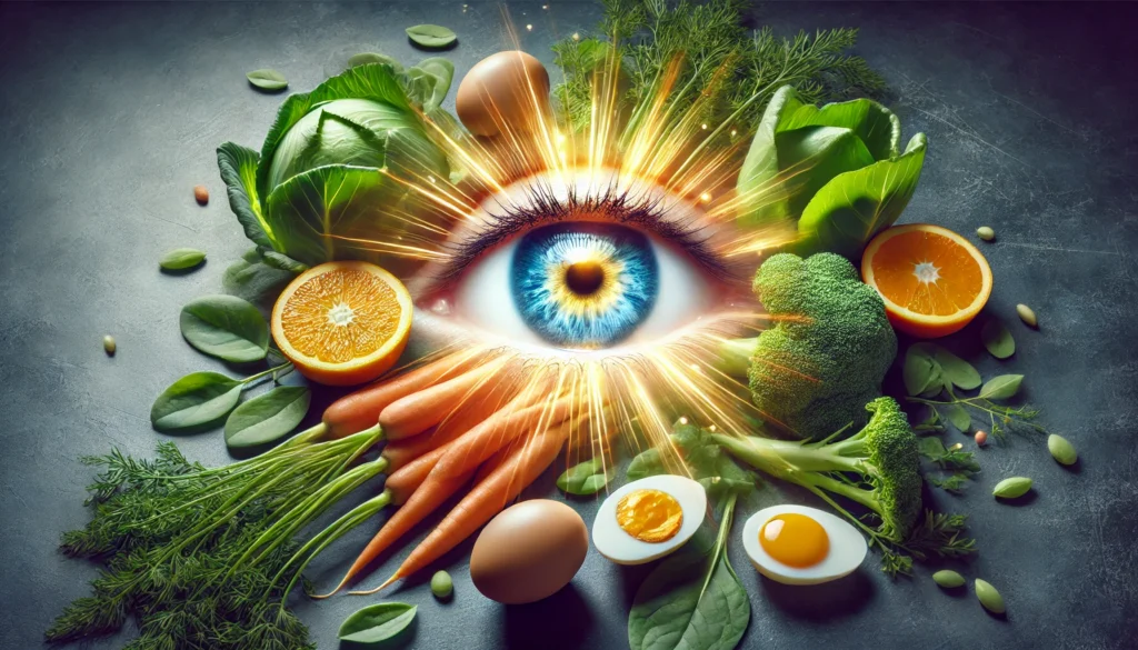 A stunning conceptual image illustrating vitamin A’s benefits, featuring a glowing human eye surrounded by fresh vitamin A-rich foods such as carrots, eggs, and leafy greens. The visual highlights the role of vitamin A in eye health and overall wellness.