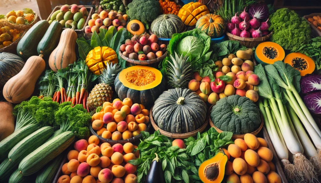 A close-up of a market stall overflowing with fresh vitamin A-rich foods, including pumpkins, mangoes, apricots, and dark leafy greens. The display is colorful and abundant, showcasing the variety of natural sources of vitamin A.
