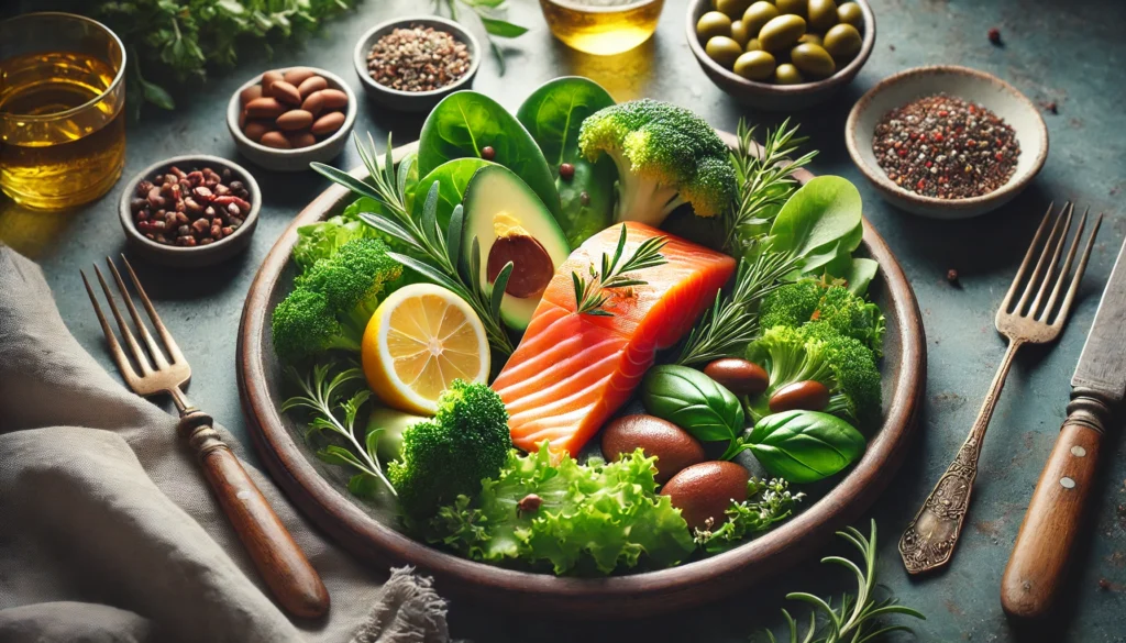 A beautifully arranged plate featuring vitamin A-rich foods such as salmon, liver, and leafy greens, garnished with fresh herbs. The setting is elegant and well-lit, highlighting the nutritional density and delicious appeal of these ingredients.