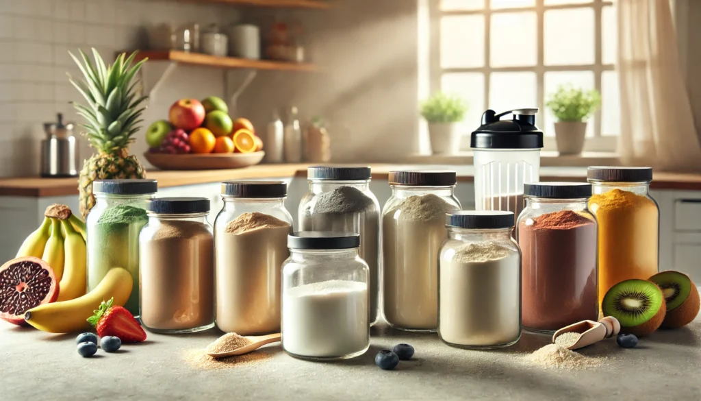 A visually appealing image featuring different powdered vitamin supplements displayed in clear jars, highlighting their diverse colors and textures. The setting is a clean, minimalist kitchen with soft natural lighting. A shaker bottle and fresh fruits in the background subtly emphasize health, purity, and daily nutrition.