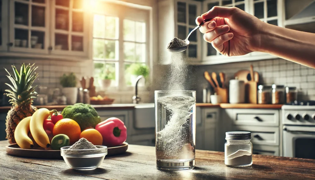 A high-resolution image capturing a person mixing a powdered vitamin supplement into a glass of water with a small scoop. The well-lit kitchen setting features fresh fruits and vegetables on the counter, reinforcing the idea of health and wellness. The dissolving powder in the liquid emphasizes ease of use and optimal nutrient absorption.
