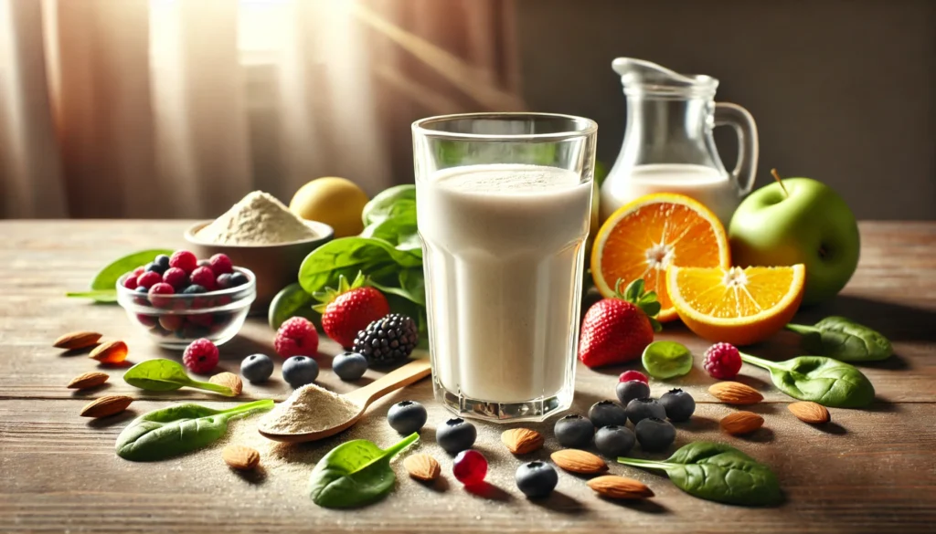 A vibrant and fresh image of a glass filled with a nutrient-rich powdered vitamin drink, placed on a rustic wooden table. Whole food ingredients such as berries, spinach, almonds, and citrus fruits surround the glass, illustrating the supplement’s connection to natural health and vitality.