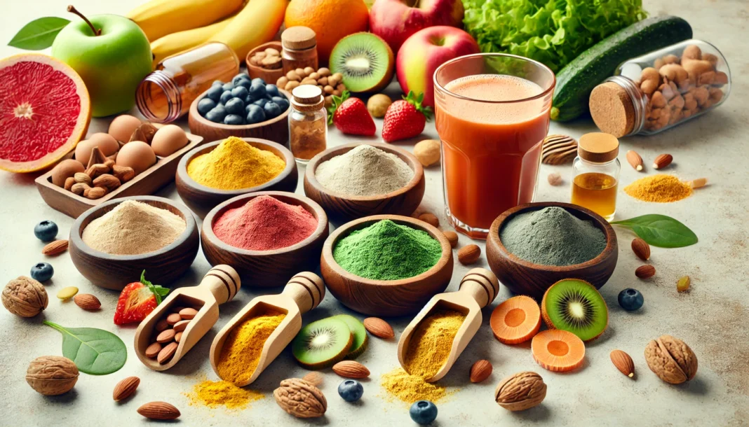 A high-quality image showcasing a variety of powdered vitamin supplements in different colors, neatly arranged in small bowls with wooden scoops. Fresh fruits, vegetables, and nuts surround the powders, emphasizing their natural nutrient sources. A glass of freshly mixed supplement drink sits nearby to highlight ease of consumption.