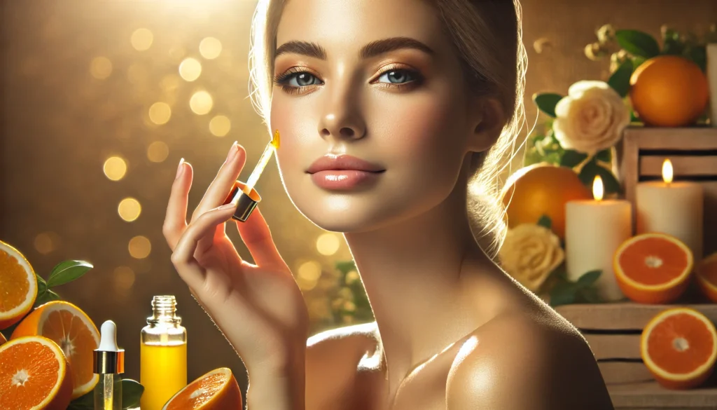A cinematic image of a woman with flawless, glowing skin gently massaging vitamin C serum into her face. The golden lighting highlights her complexion, while the blurred spa-like background with citrus fruits and botanical elements enhances the sense of rejuvenation.