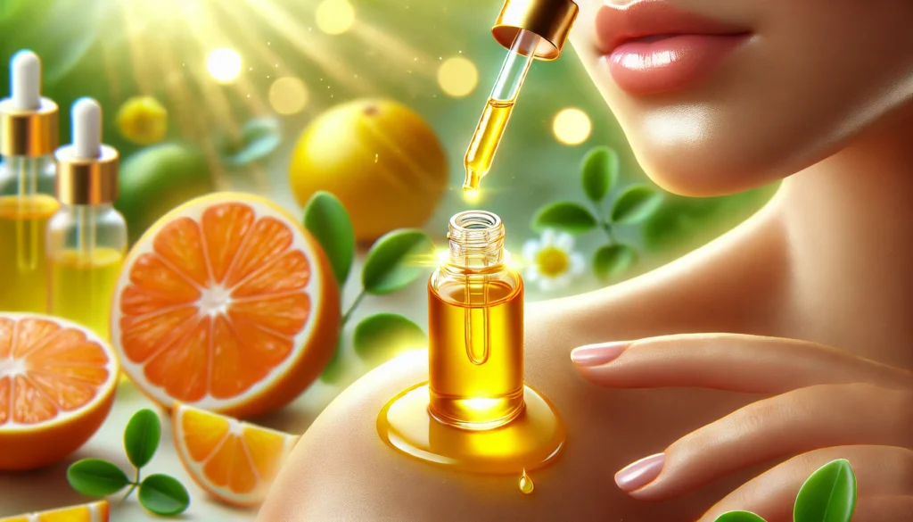 A close-up of a dropper releasing golden vitamin C serum onto smooth, radiant skin, emphasizing hydration and glow. The softly blurred background features citrus fruits and green botanical elements, reinforcing the theme of natural skincare.