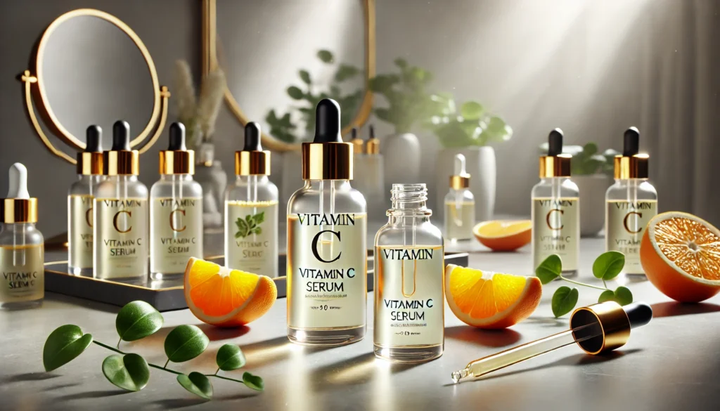 A detailed view of multiple vitamin C serum bottles elegantly arranged on a vanity table, accompanied by fresh orange slices and green leaves, symbolizing the natural benefits of vitamin C for skincare. The background features a mirror and minimalist decor.