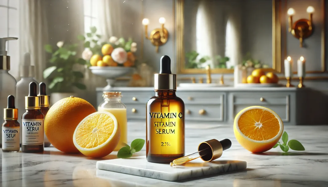 A luxurious skincare setup featuring a glass bottle of vitamin C serum with a dropper, placed on a marble countertop surrounded by fresh citrus fruits like oranges and lemons. The softly lit spa-like background enhances the rejuvenating ambiance.