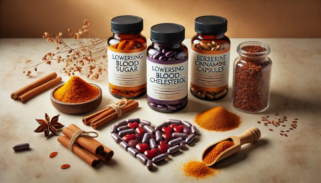 A beautifully arranged flat-lay image featuring three supplement bottles, each containing natural ingredients known for lowering blood sugar and cholesterol. The bottles are surrounded by vibrant turmeric powder, fresh cinnamon sticks, berberine capsules, and a heart-shaped arrangement of flaxseeds. The background is a clean, neutral surface with warm, soft lighting.

