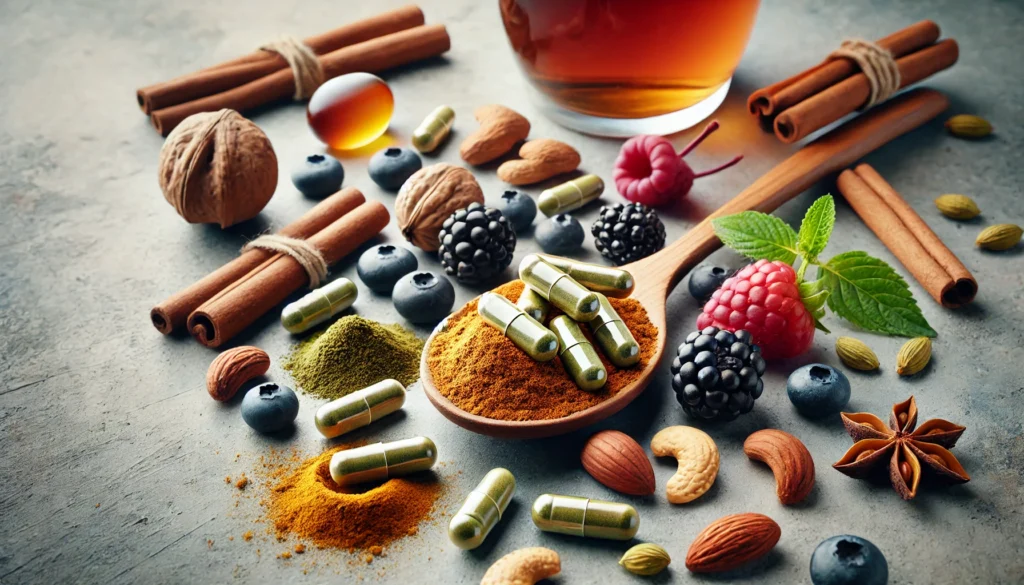 A visually captivating composition showcasing a wooden spoon filled with powdered cinnamon, turmeric, and berberine capsules, symbolizing their benefits for blood sugar and cholesterol control. Surrounding the spoon are fresh berries, nuts, and a glass of green tea, set against a clean, neutral background with soft, diffused lighting.

