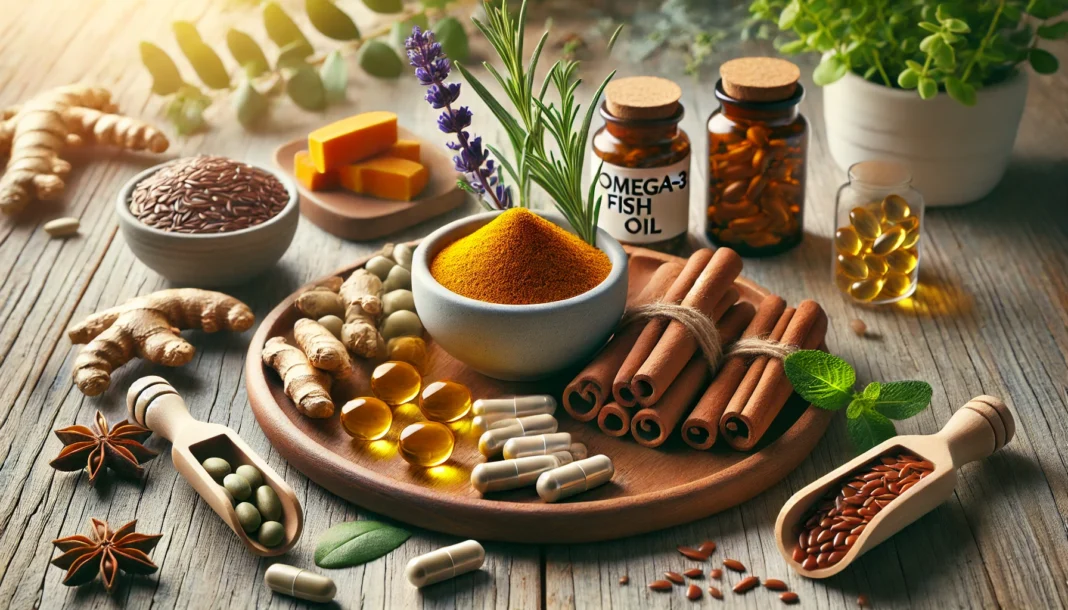 A high-quality digital image featuring an elegant arrangement of natural supplements known to help lower blood sugar and cholesterol. The composition includes cinnamon sticks, turmeric roots, berberine capsules, omega-3 fish oil softgels, and a bowl of flaxseeds, all placed on a wooden surface with soft natural lighting. Fresh herbs and a subtle wellness theme enhance the visual appeal.