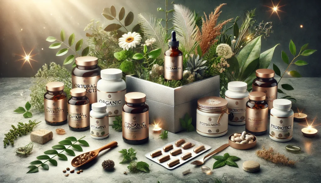 A premium wellness-themed supplement display – A luxurious setup featuring elegantly packaged organic supplements, including vitamins, probiotics, and herbal extracts. The composition is enhanced with soft lighting and natural textures like green leaves and wooden elements, reinforcing an upscale organic health experience.

